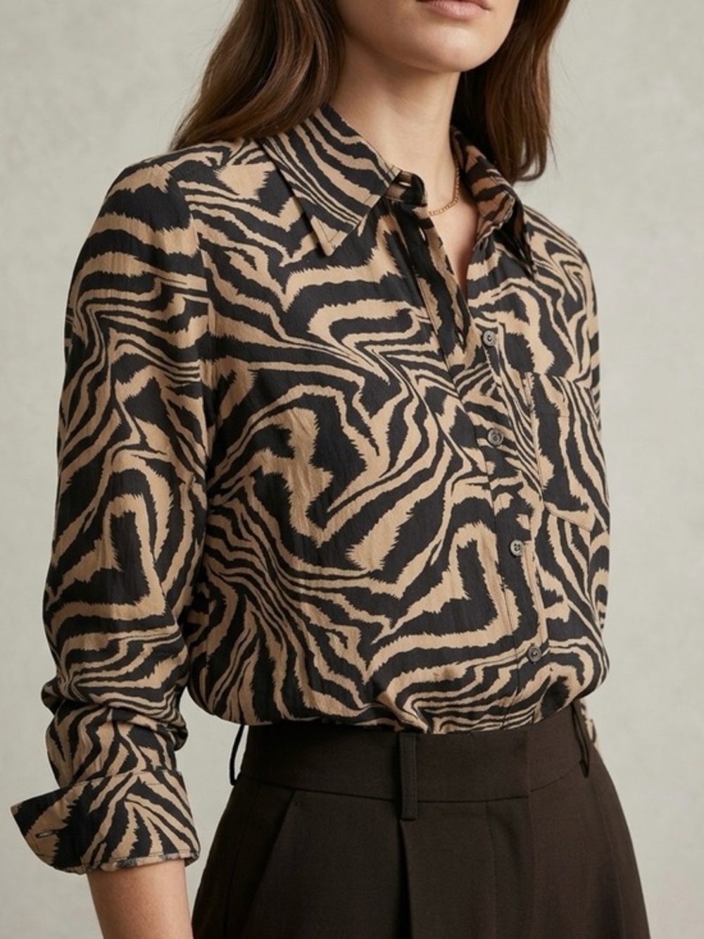 GANNI Zebra Print Crepe Button Down Shirt Tan Black Size 38